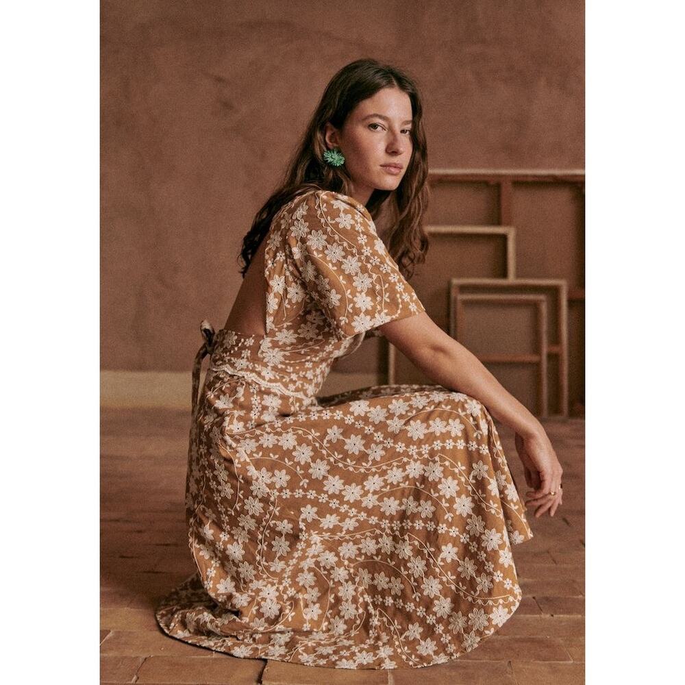 Sezane Tan and White Floral-Print Midi Dress with Open Back